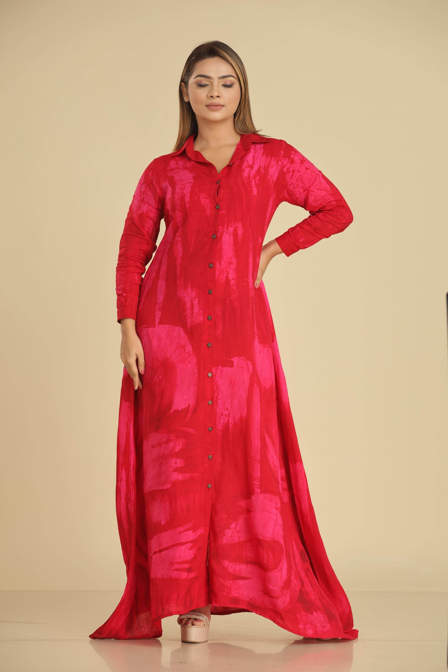 Crimson Whisper Batik Maxi Shirt Dress - Trend Republic