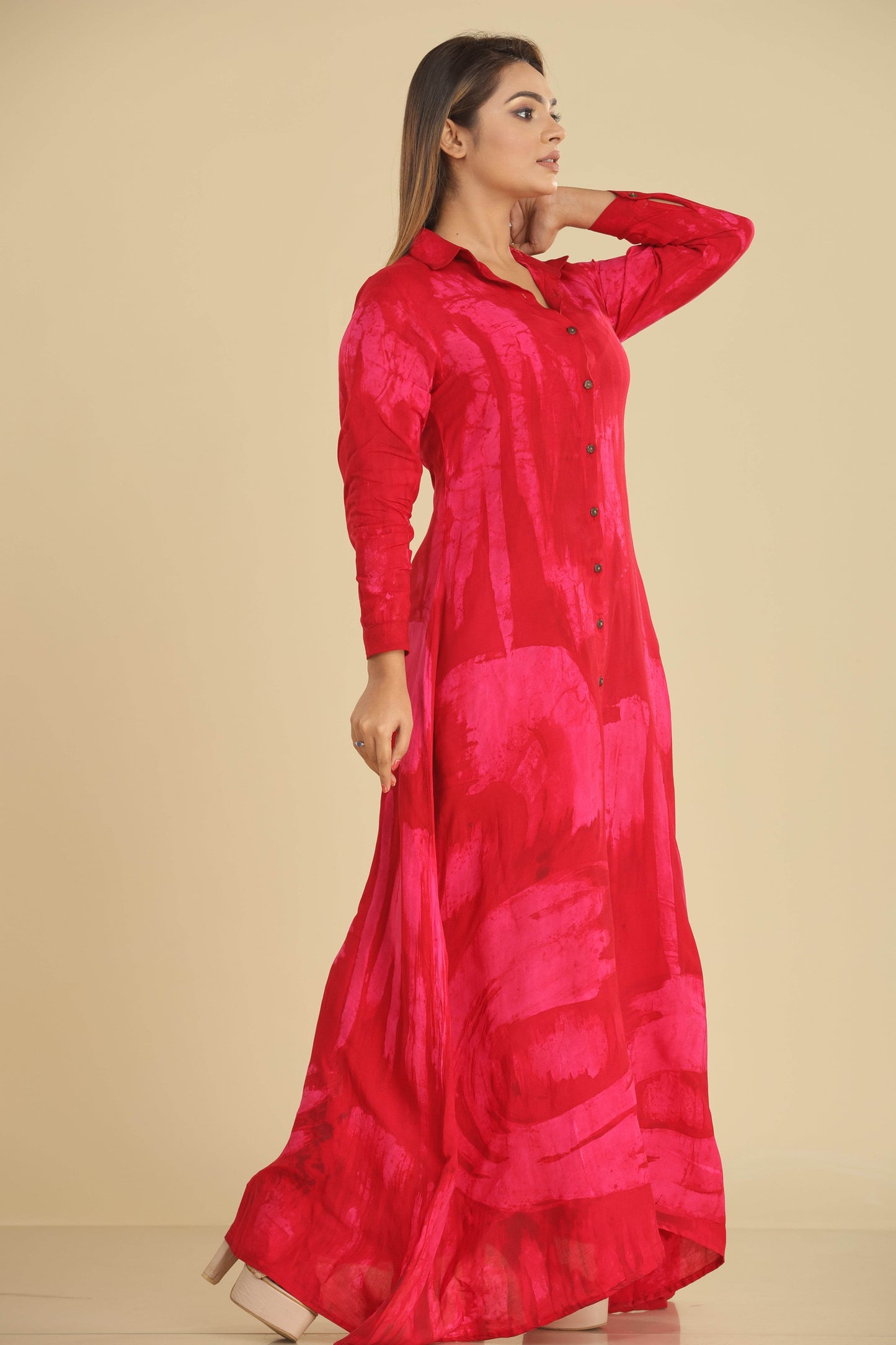 Crimson Whisper Batik Maxi Shirt Dress - Trend Republic