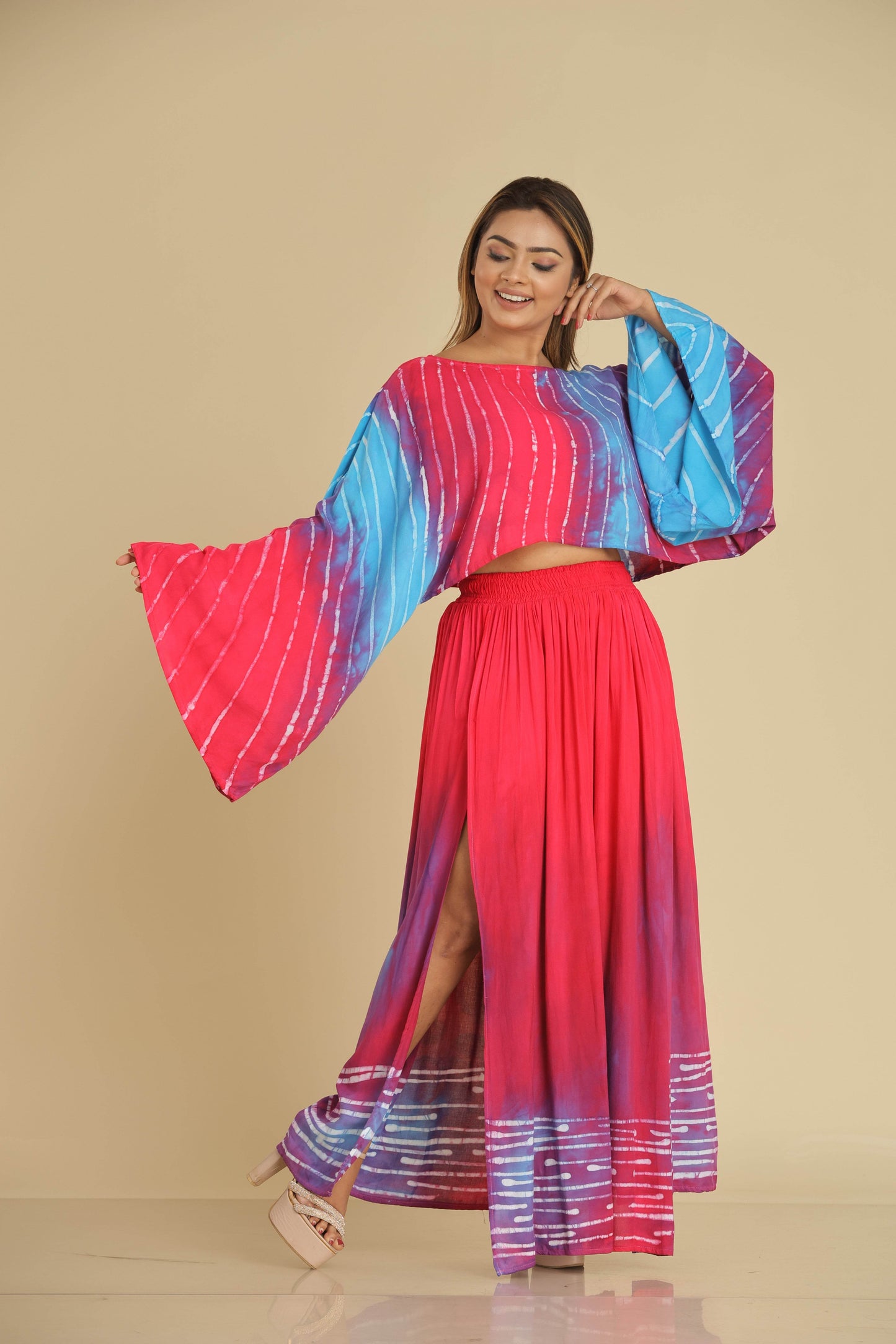 Ocean Berry Batik Co-Ord with Flared Top and Gypsy Skirt - Trend Republic