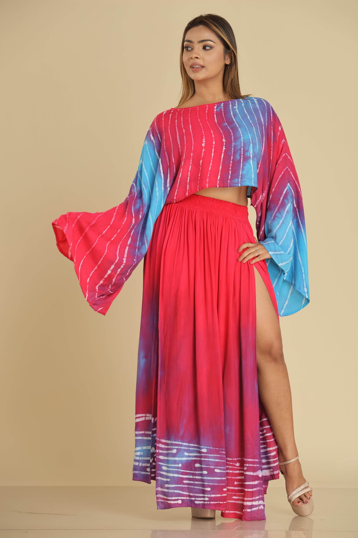 Ocean Berry Batik Co-Ord with Flared Top and Gypsy Skirt - Trend Republic