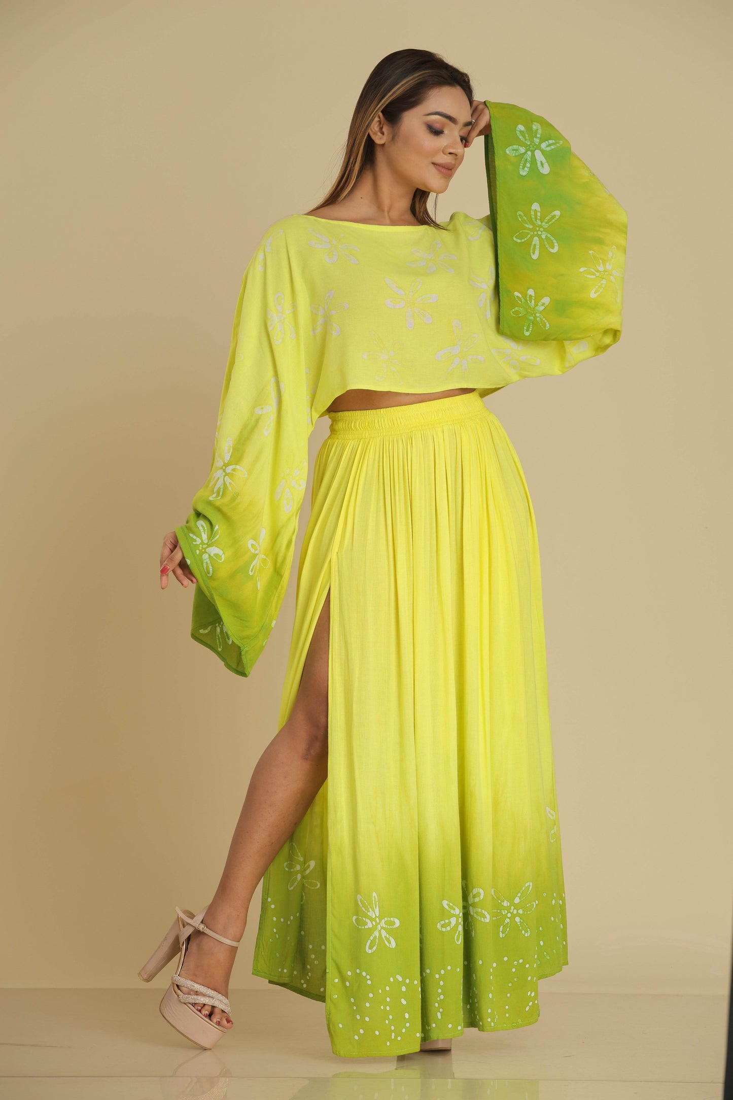 Lime Blossom Batik Co-Ord with Flared Sleeves and Gypsy Skirt - Trend Republic