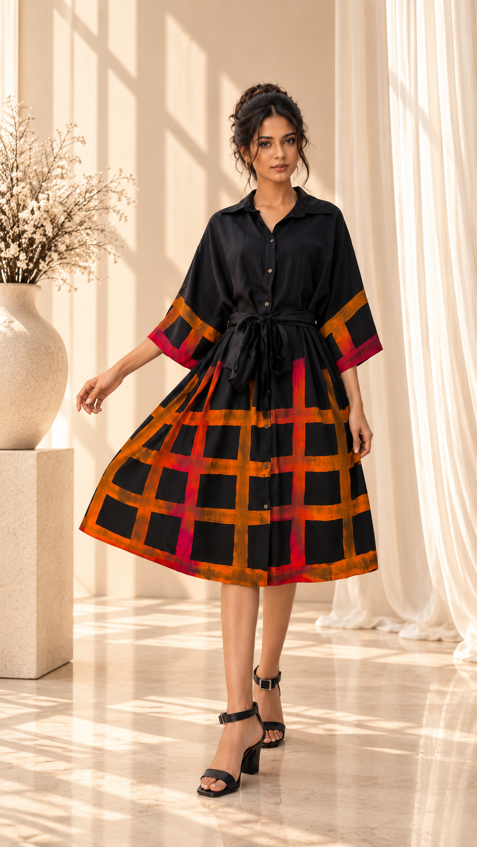 Firelight Plaid Batik Shirt Dress