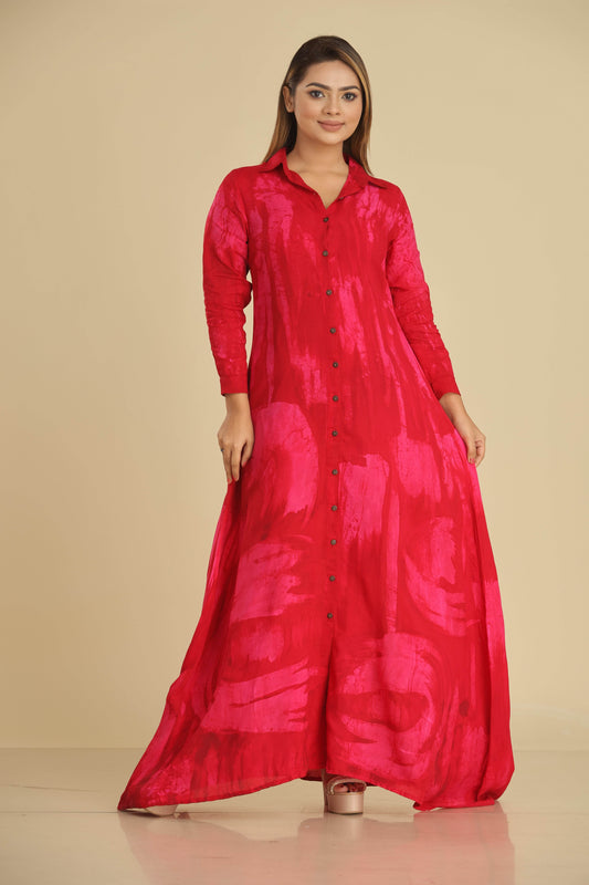 Crimson Whisper Batik Maxi Shirt Dress - Trend Republic