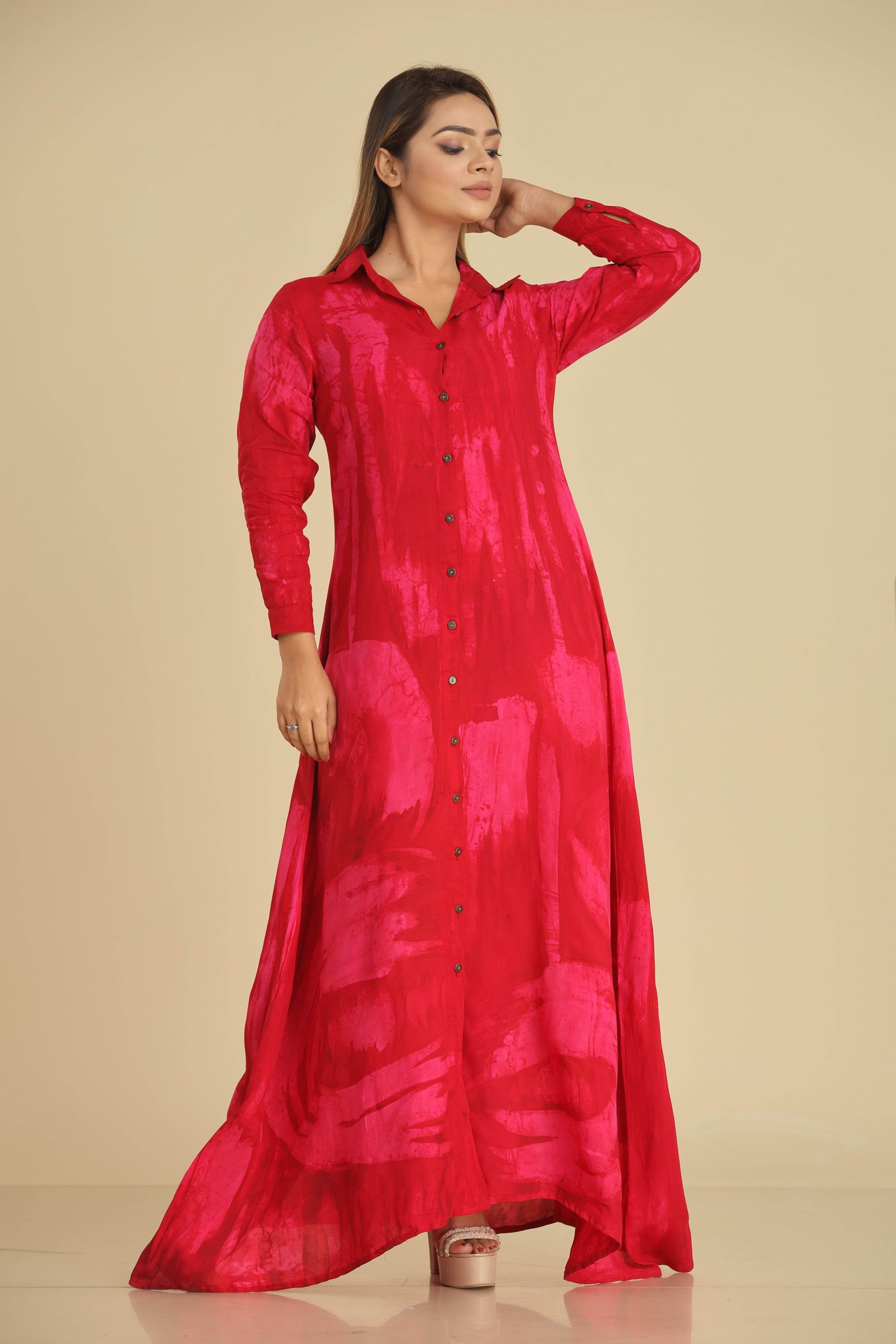 Crimson Whisper Batik Maxi Shirt Dress - Trend Republic