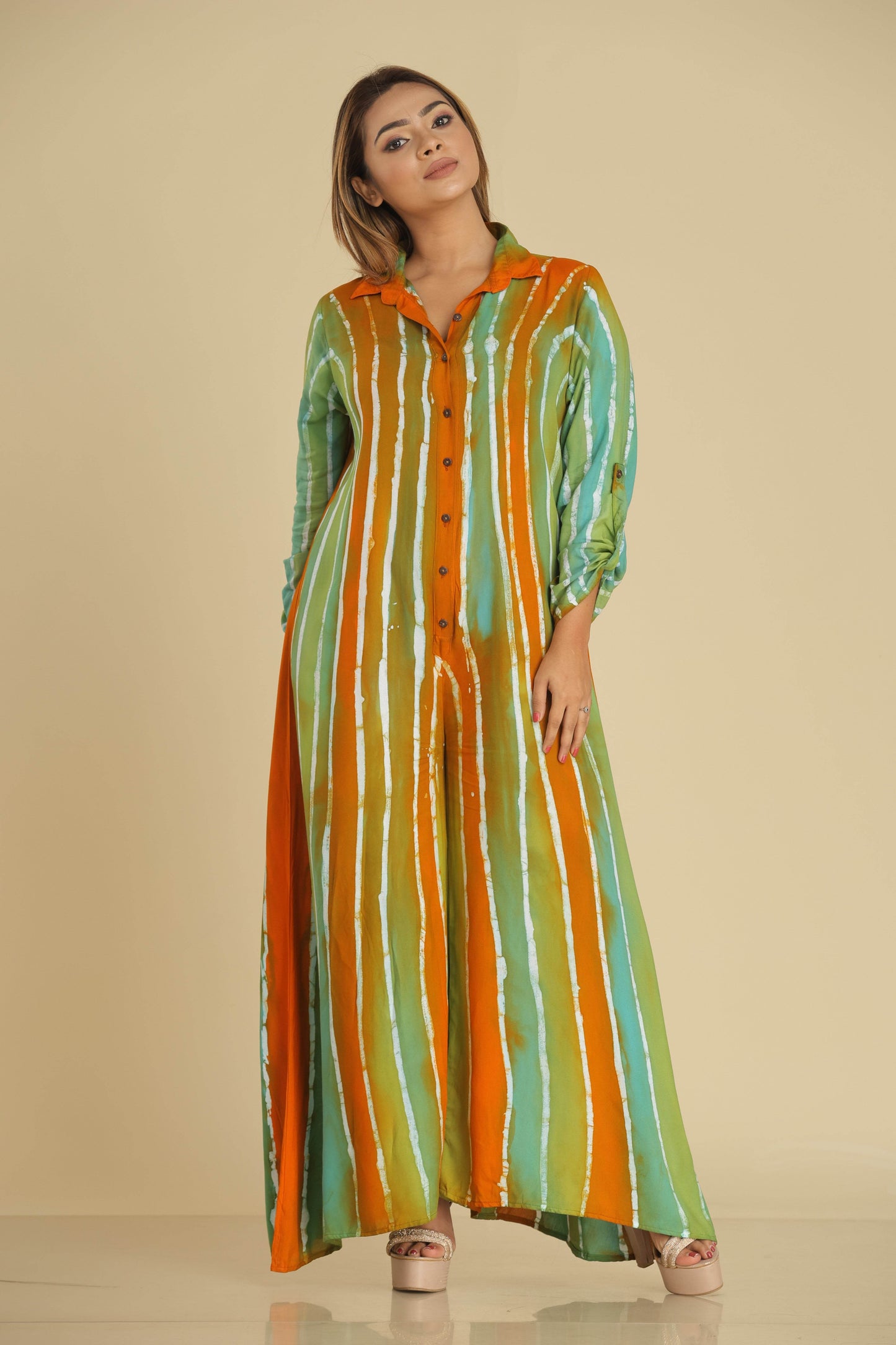 Tropical Stripes Batik Shirt Long Romper - Trend Republic