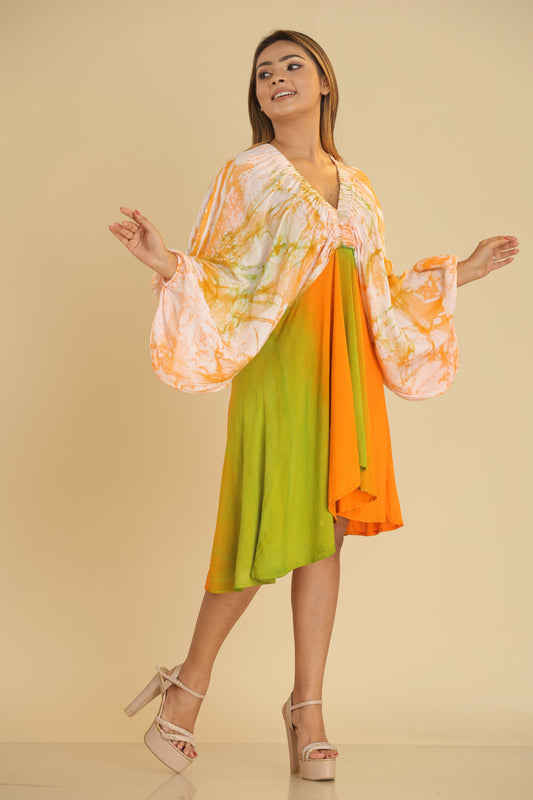 Citrus Bloom Batik Short Dress with Bell Sleeves - Trend Republic