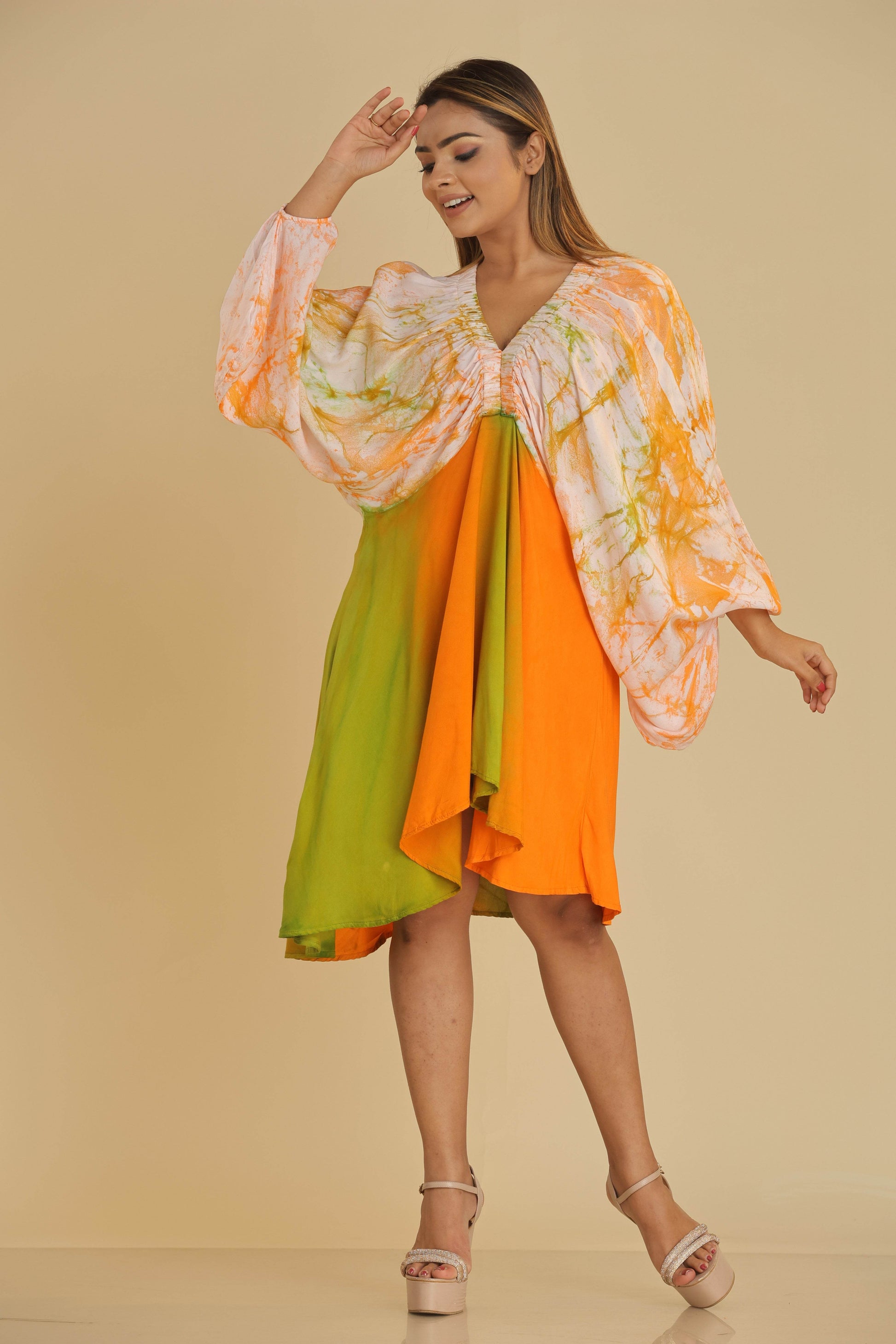 Citrus Bloom Batik Short Dress with Bell Sleeves - Trend Republic