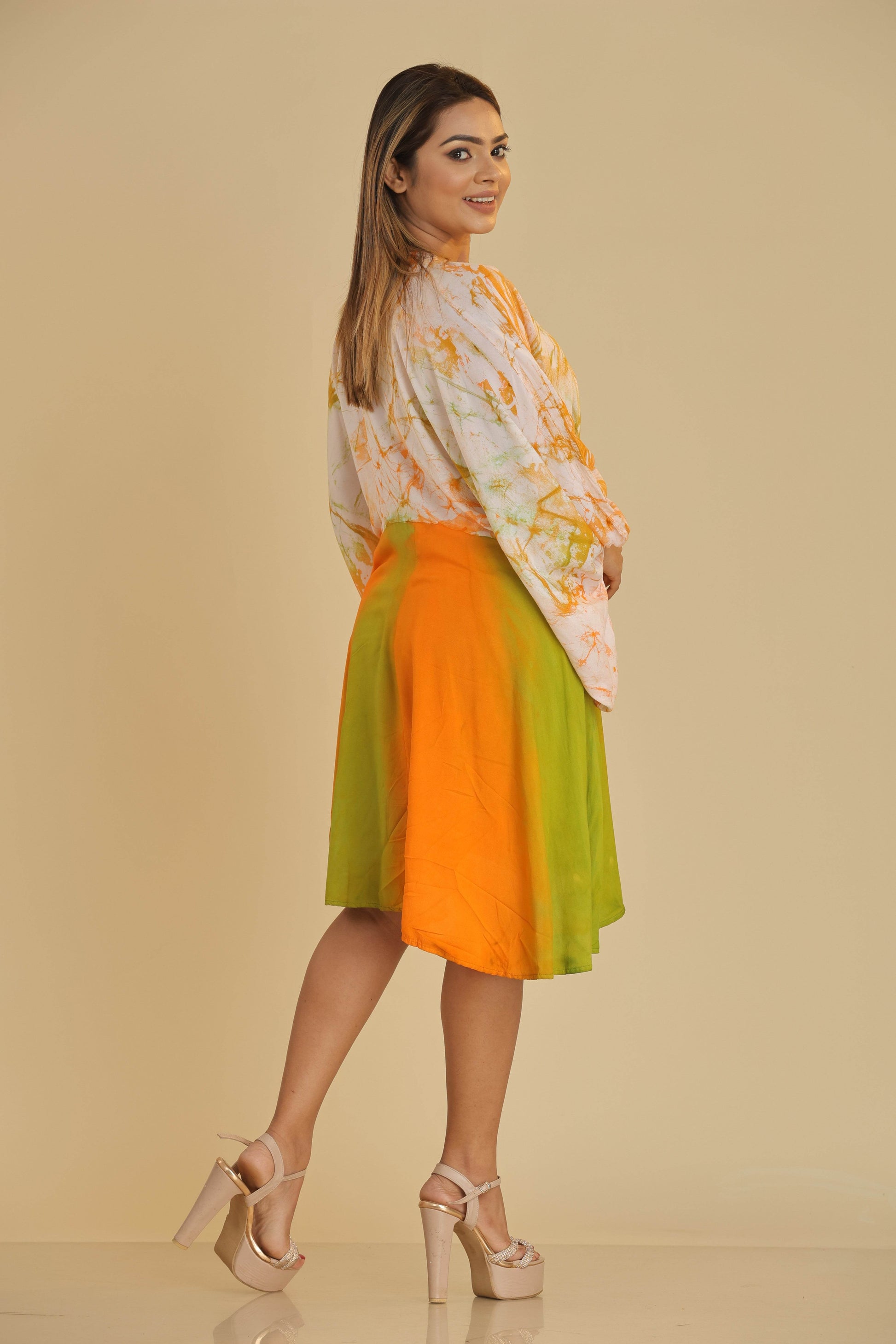 Citrus Bloom Batik Short Dress with Bell Sleeves - Trend Republic