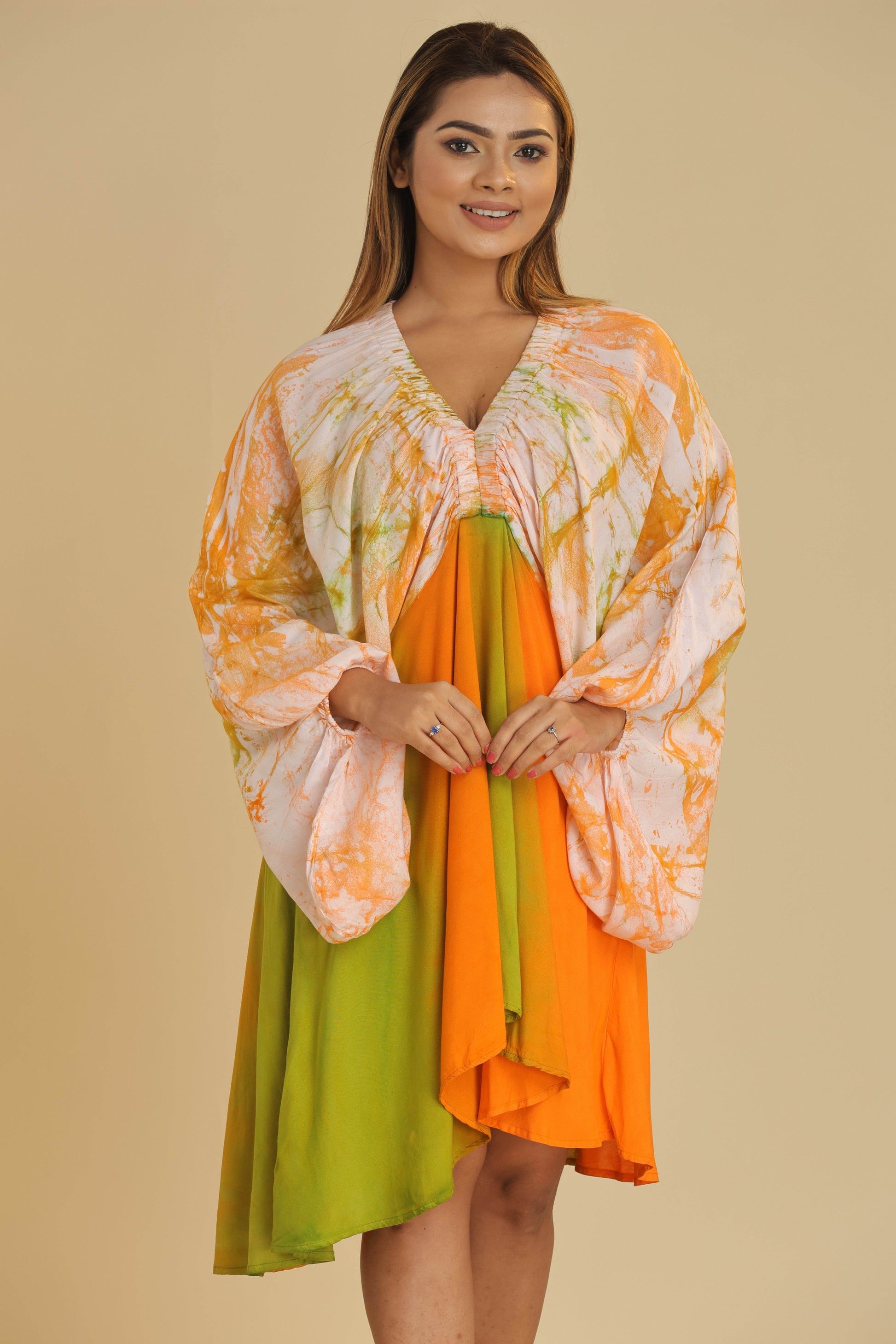 Citrus Bloom Batik Short Dress with Bell Sleeves - Trend Republic