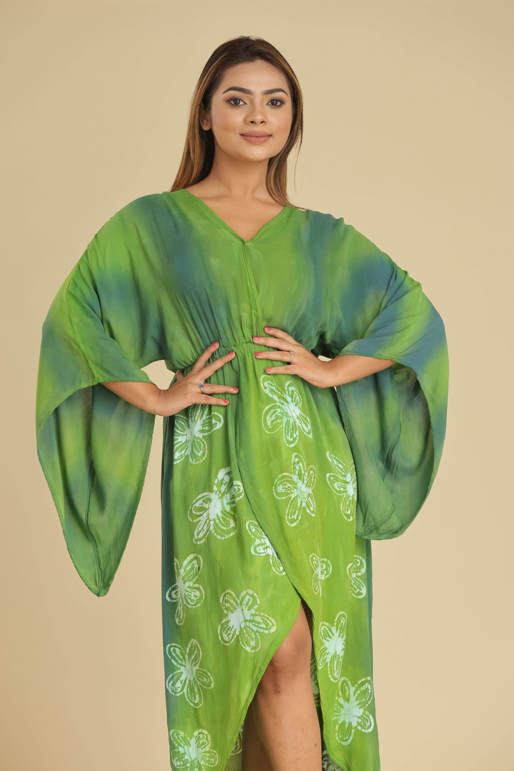 Meadow Bloom Batik Wrap Dress with Butterfly Sleeves - Trend Republic