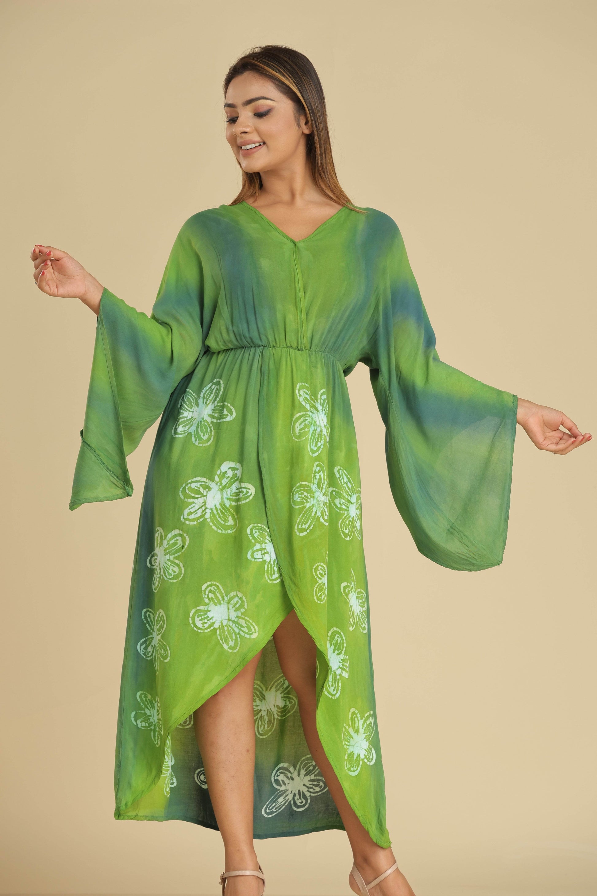 Meadow Bloom Batik Wrap Dress with Butterfly Sleeves - Trend Republic
