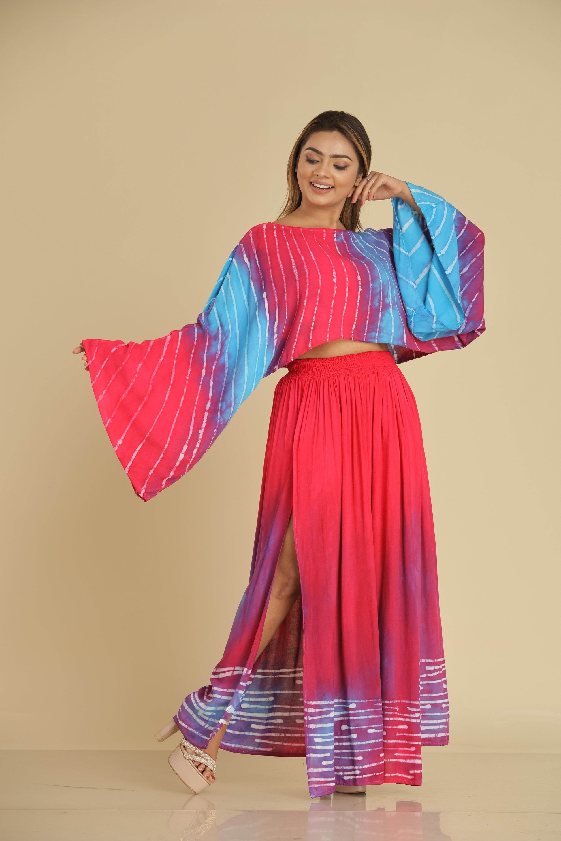 Ocean Berry Batik Co-Ord with Flared Top and Gypsy Skirt - Trend Republic