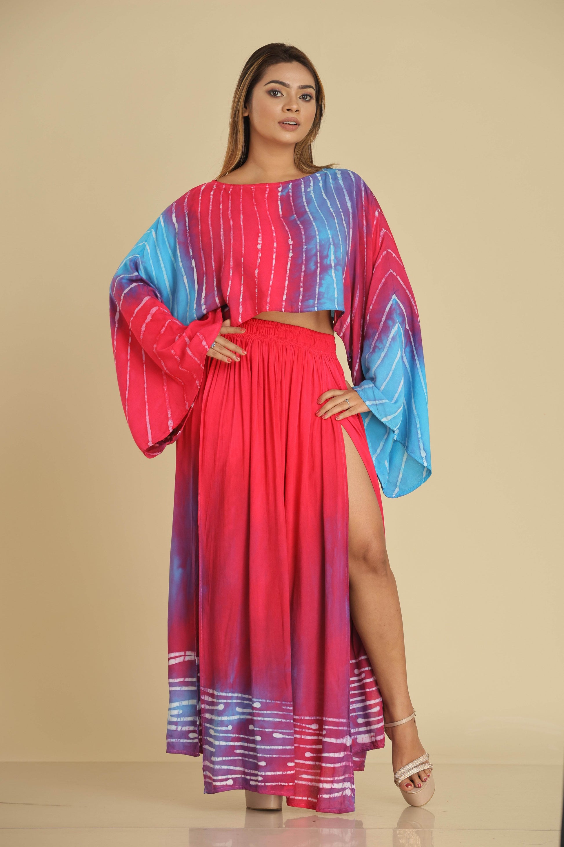 Ocean Berry Batik Co-Ord with Flared Top and Gypsy Skirt - Trend Republic