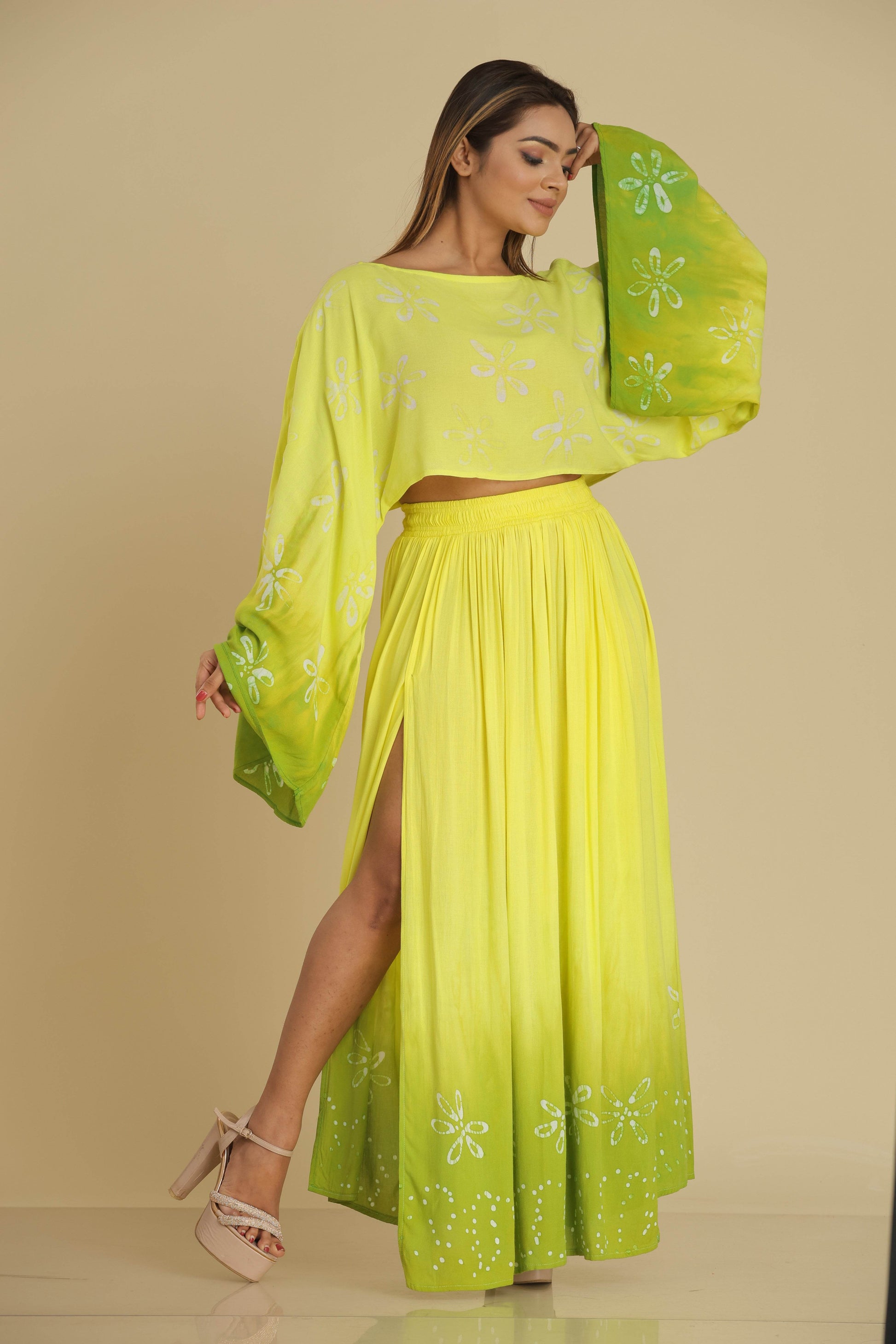 Lime Blossom Batik Co-Ord with Flared Sleeves and Gypsy Skirt - Trend Republic
