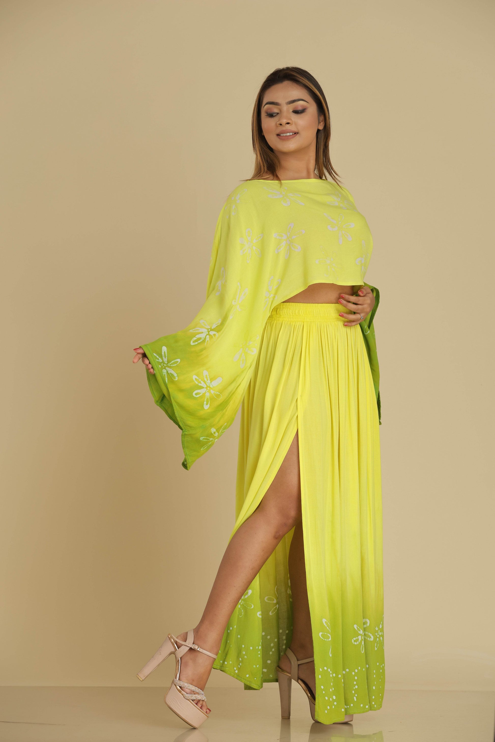 Lime Blossom Batik Co-Ord with Flared Sleeves and Gypsy Skirt - Trend Republic
