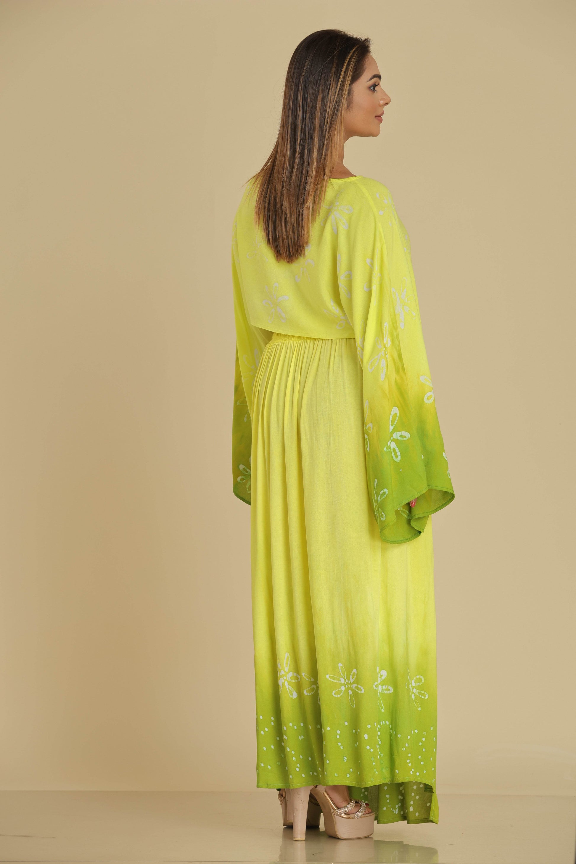 Lime Blossom Batik Co-Ord with Flared Sleeves and Gypsy Skirt - Trend Republic