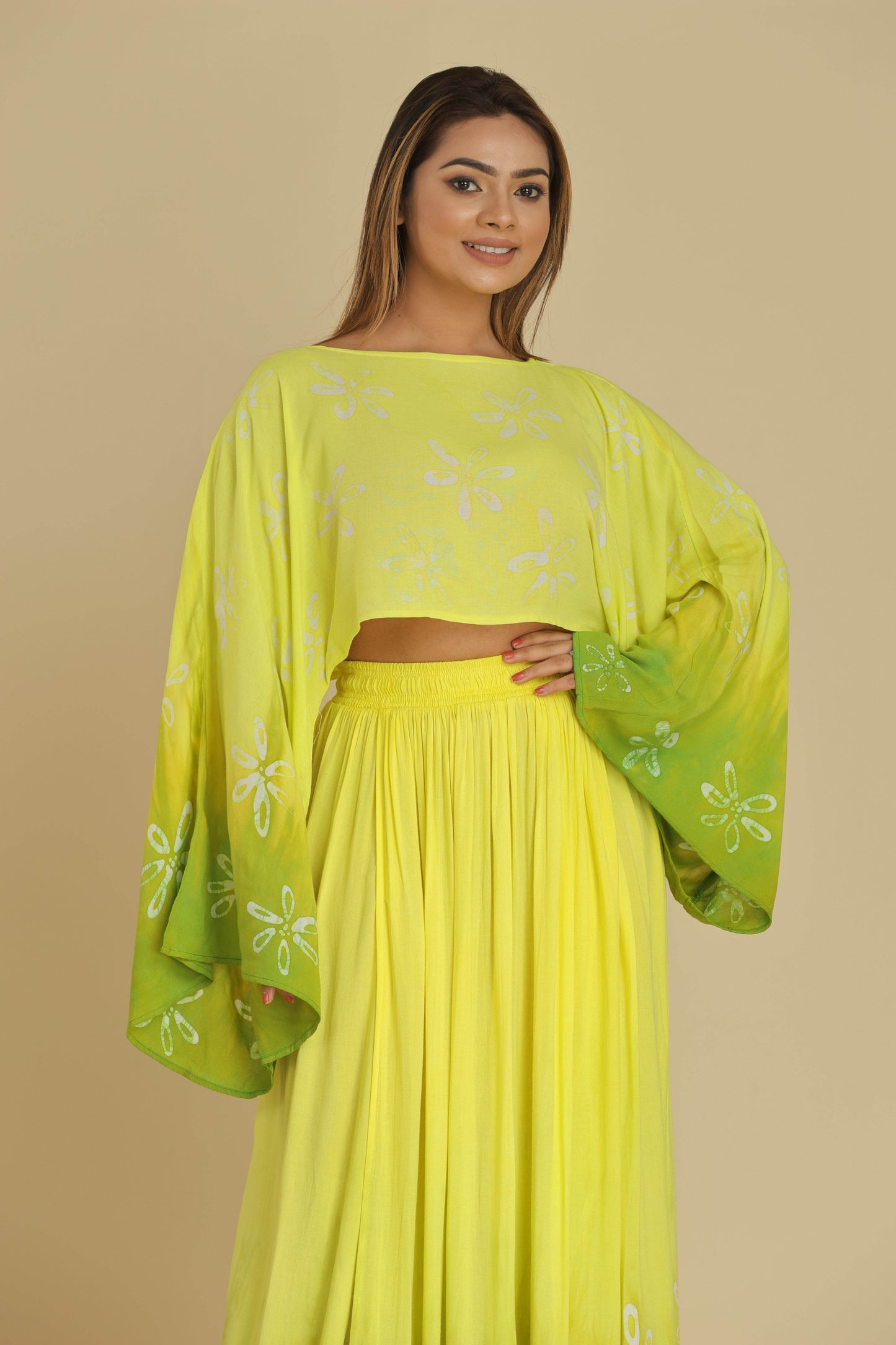 Lime Blossom Batik Co-Ord with Flared Sleeves and Gypsy Skirt - Trend Republic