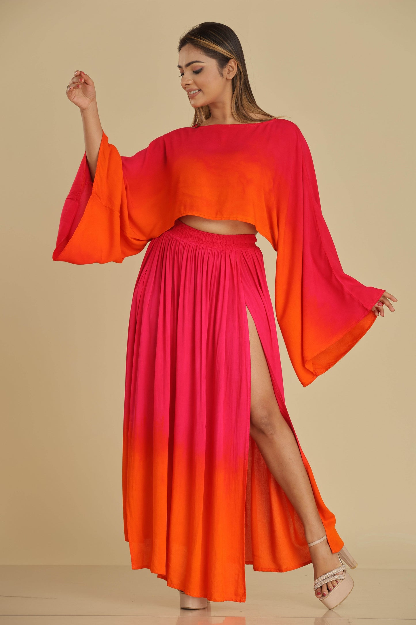 Sunset Blaze Co-Ord Set with Flared Sleeves and Gypsy Skirt - Trend Republic
