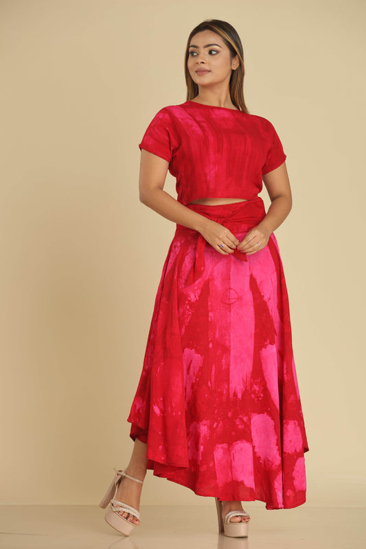 Crimson Muse Batik Co-Ord Set with Crop Top and Wrap Skirt - Trend Republic