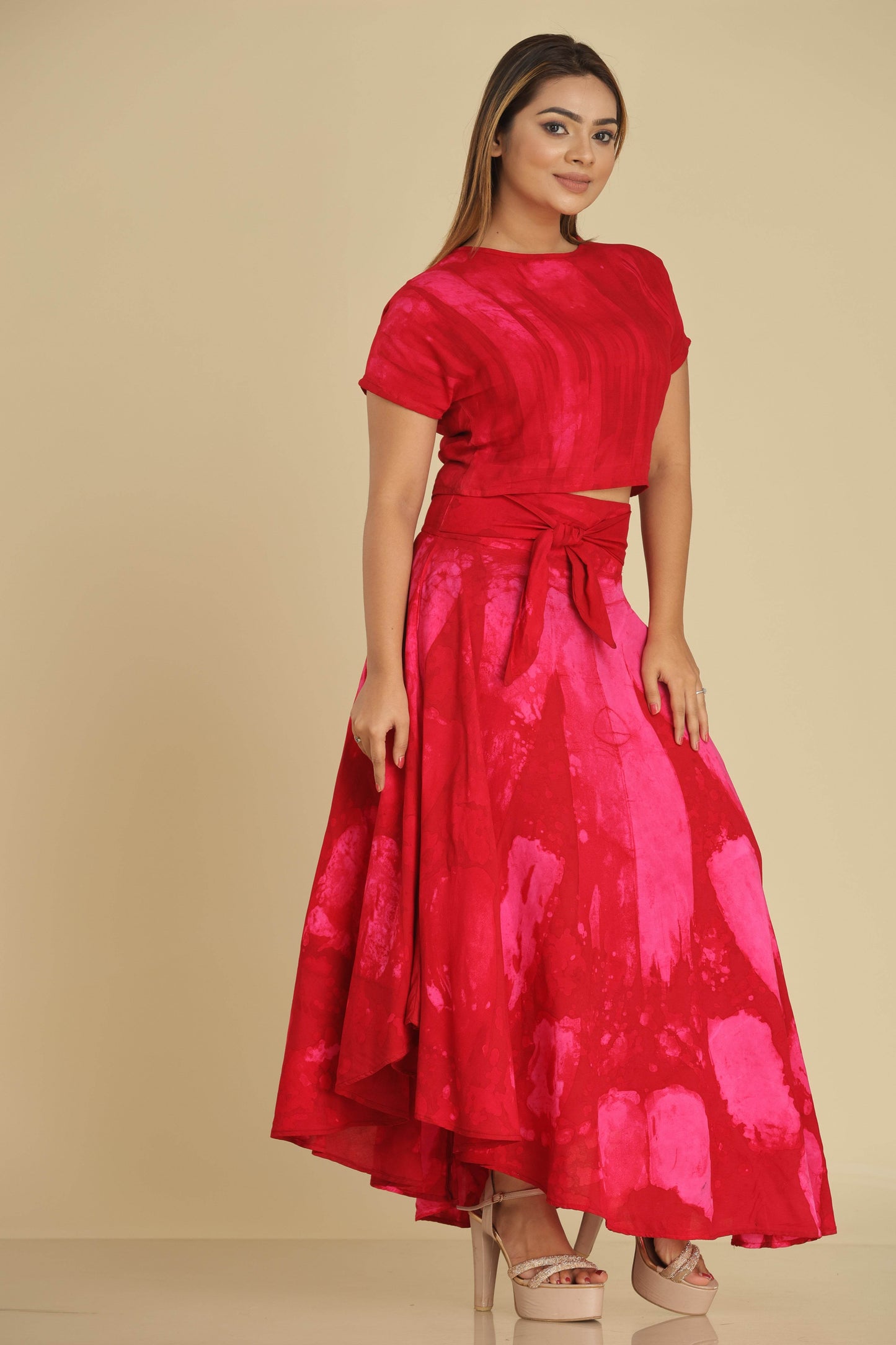 Crimson Muse Batik Co-Ord Set with Crop Top and Wrap Skirt - Trend Republic