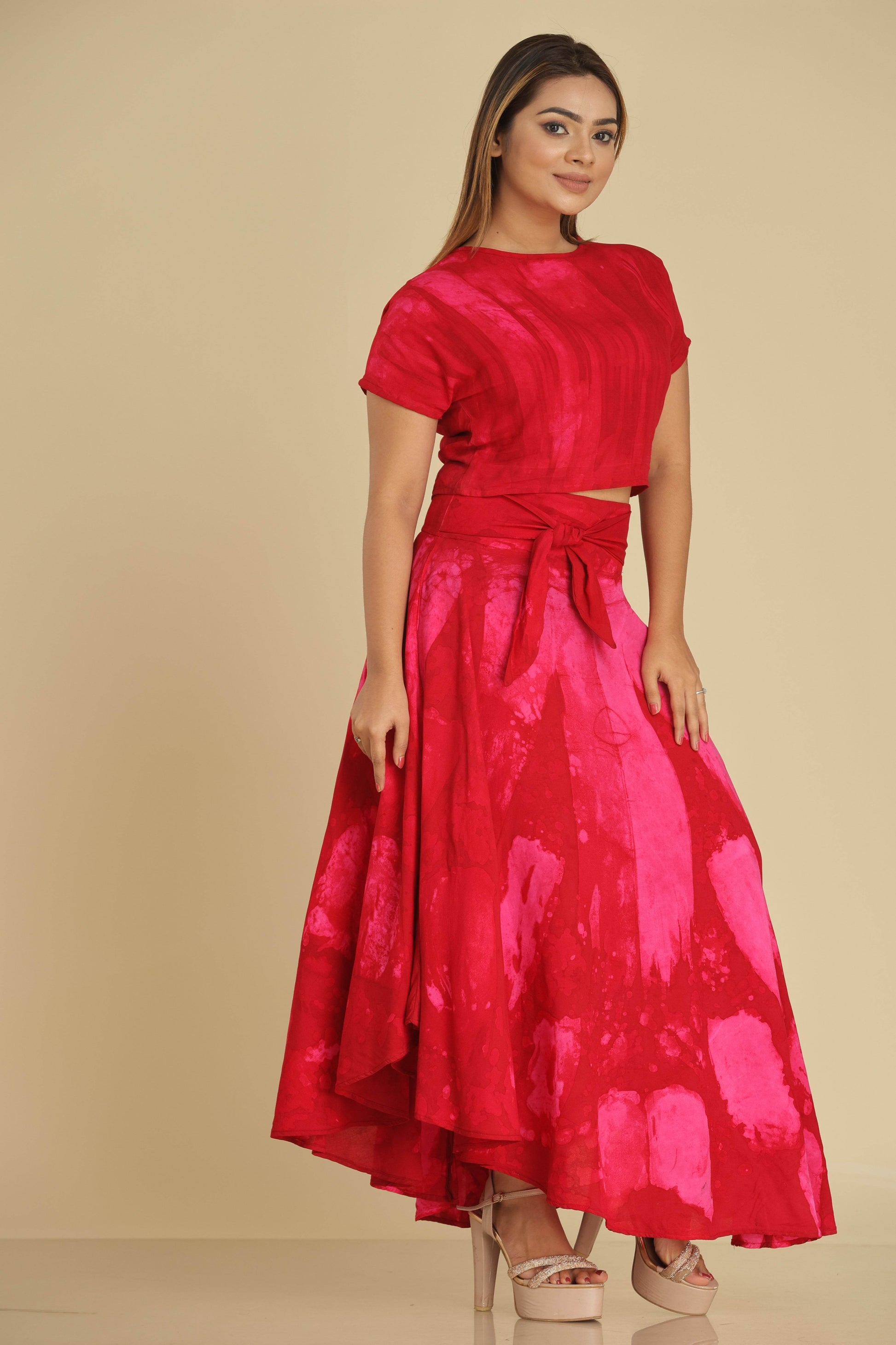 Crimson Muse Batik Co-Ord Set with Crop Top and Wrap Skirt - Trend Republic
