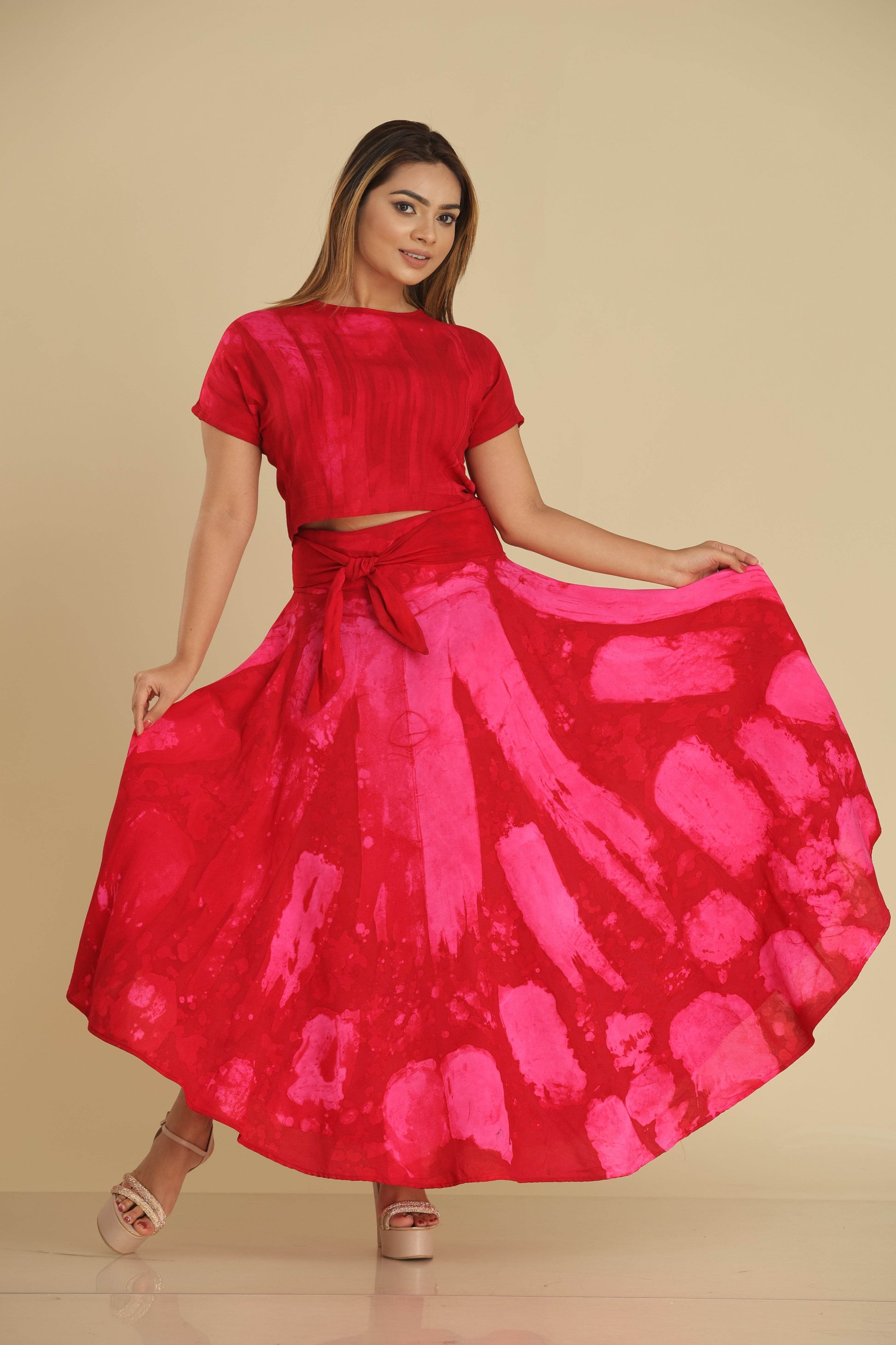 Crimson Muse Batik Co-Ord Set with Crop Top and Wrap Skirt - Trend Republic