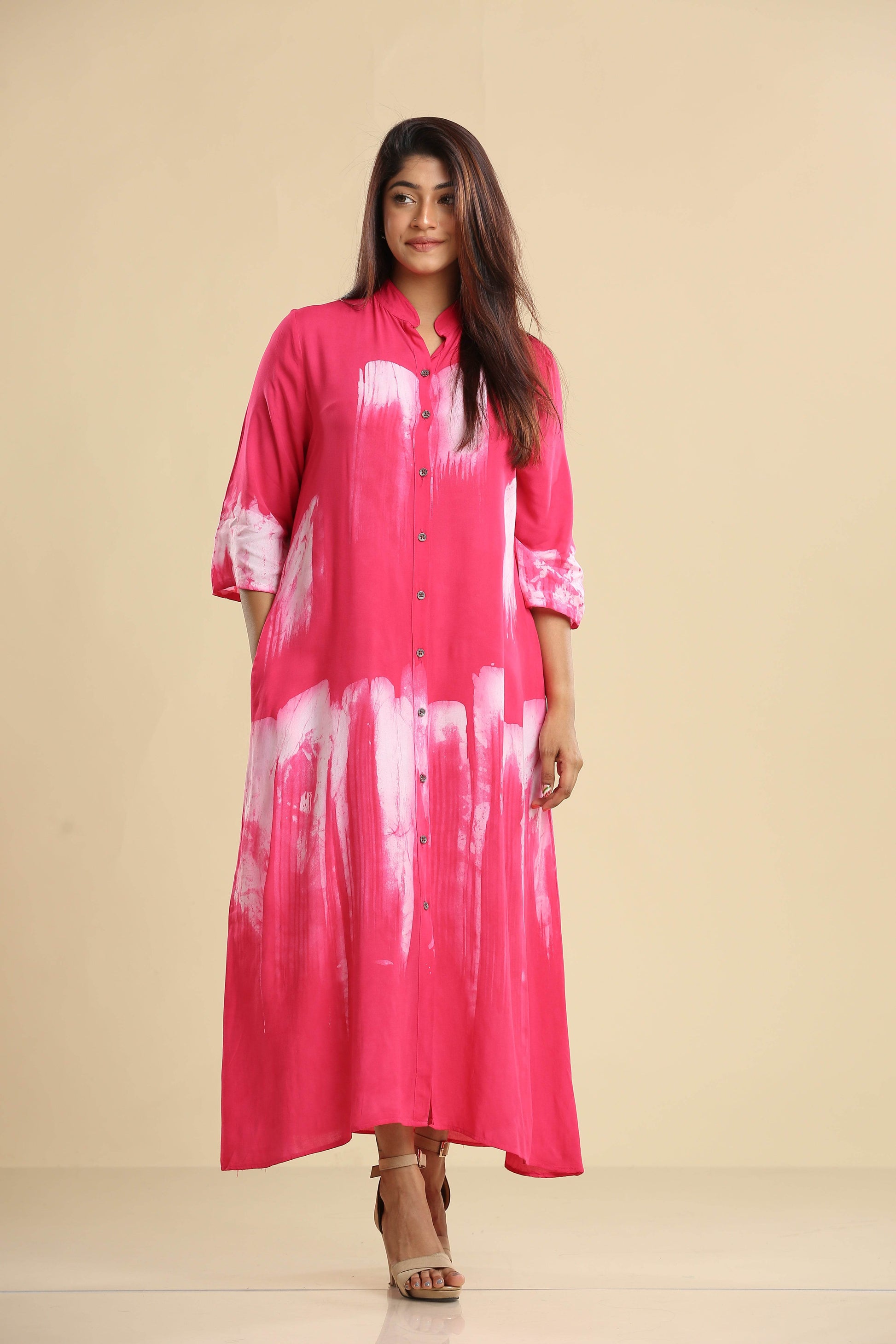 Radiant Pink Brushstroke Elegance – Flowing Batik Shirt Dress - Trend Republic