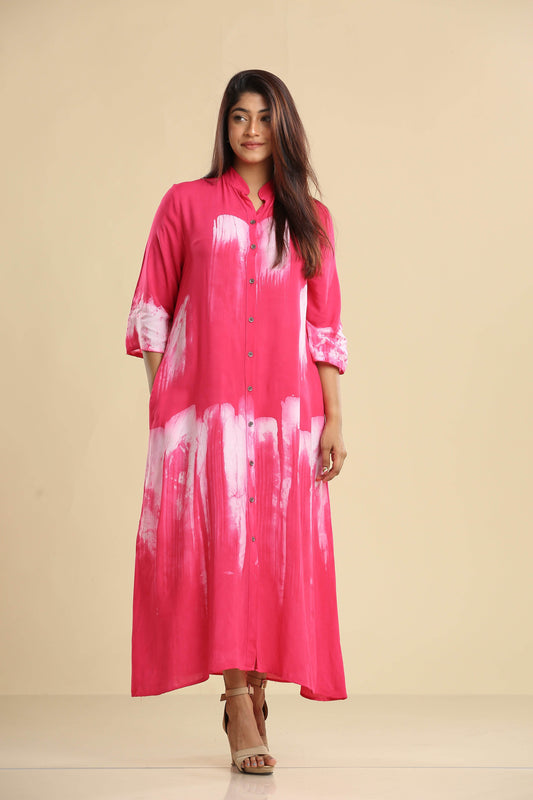 Radiant Pink Brushstroke Elegance – Flowing Batik Shirt Dress - Trend Republic