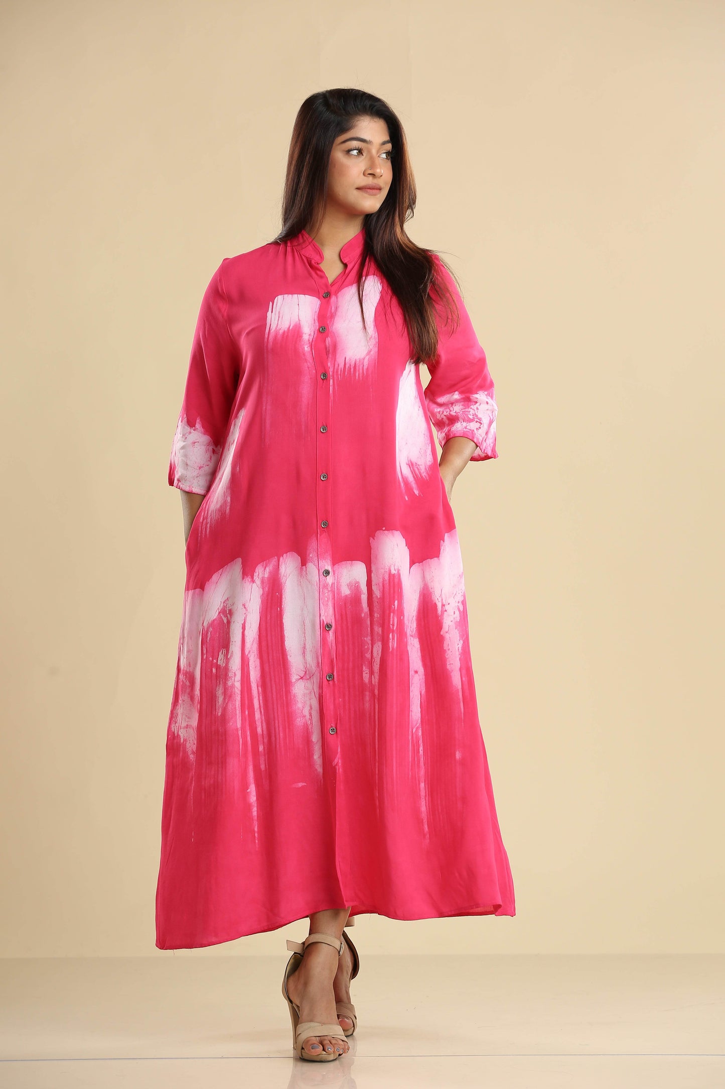 Radiant Pink Brushstroke Elegance – Flowing Batik Shirt Dress - Trend Republic