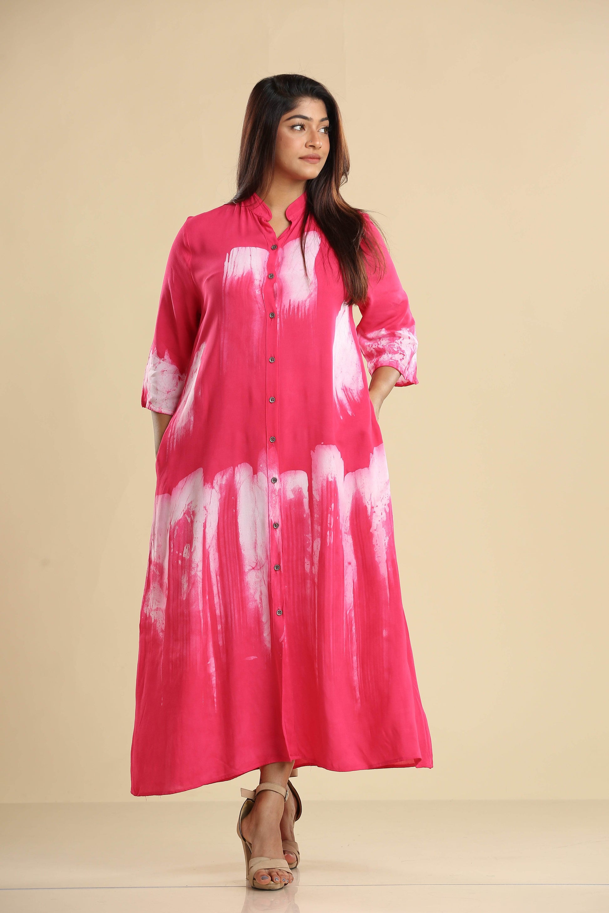 Radiant Pink Brushstroke Elegance – Flowing Batik Shirt Dress - Trend Republic