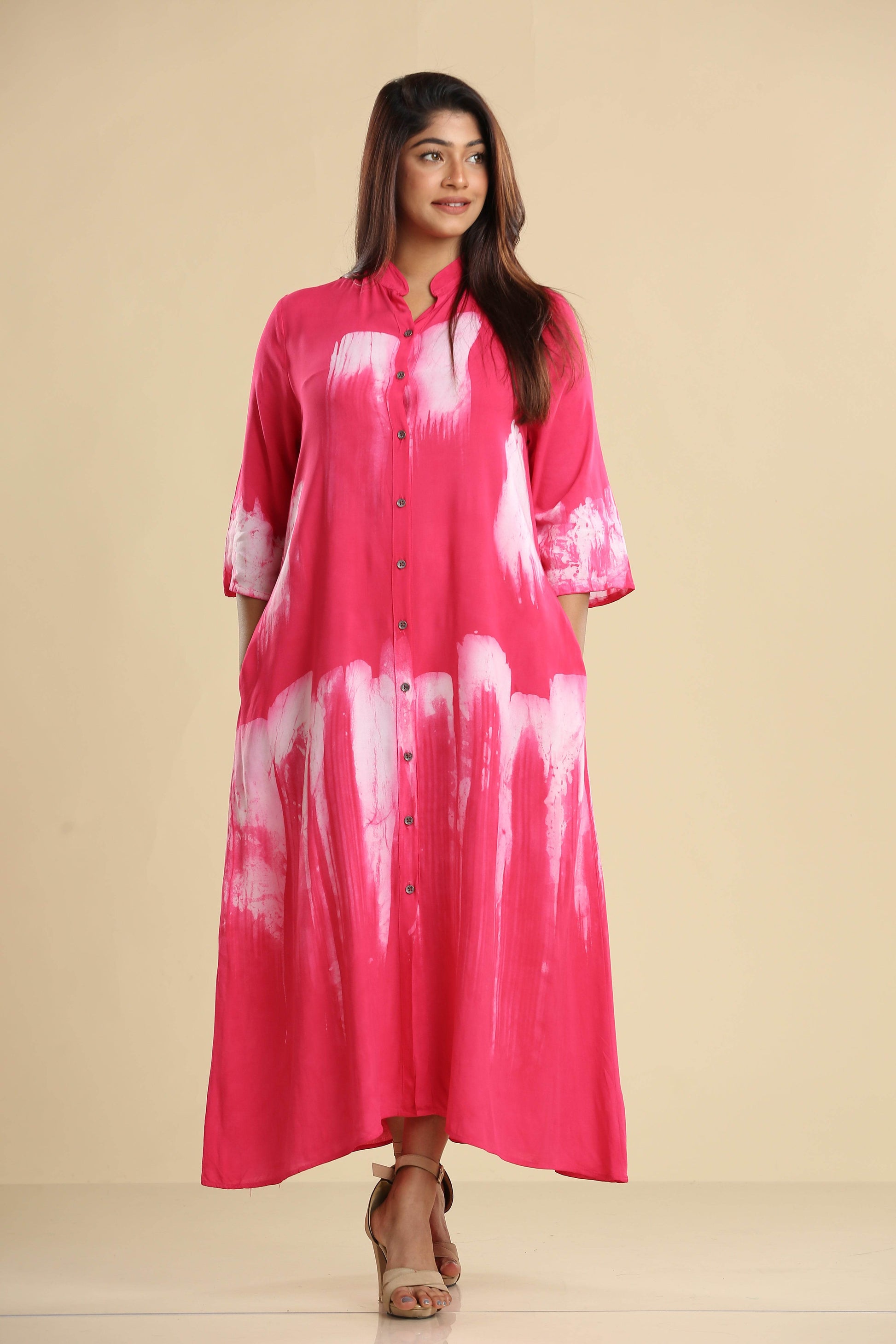 Radiant Pink Brushstroke Elegance – Flowing Batik Shirt Dress - Trend Republic