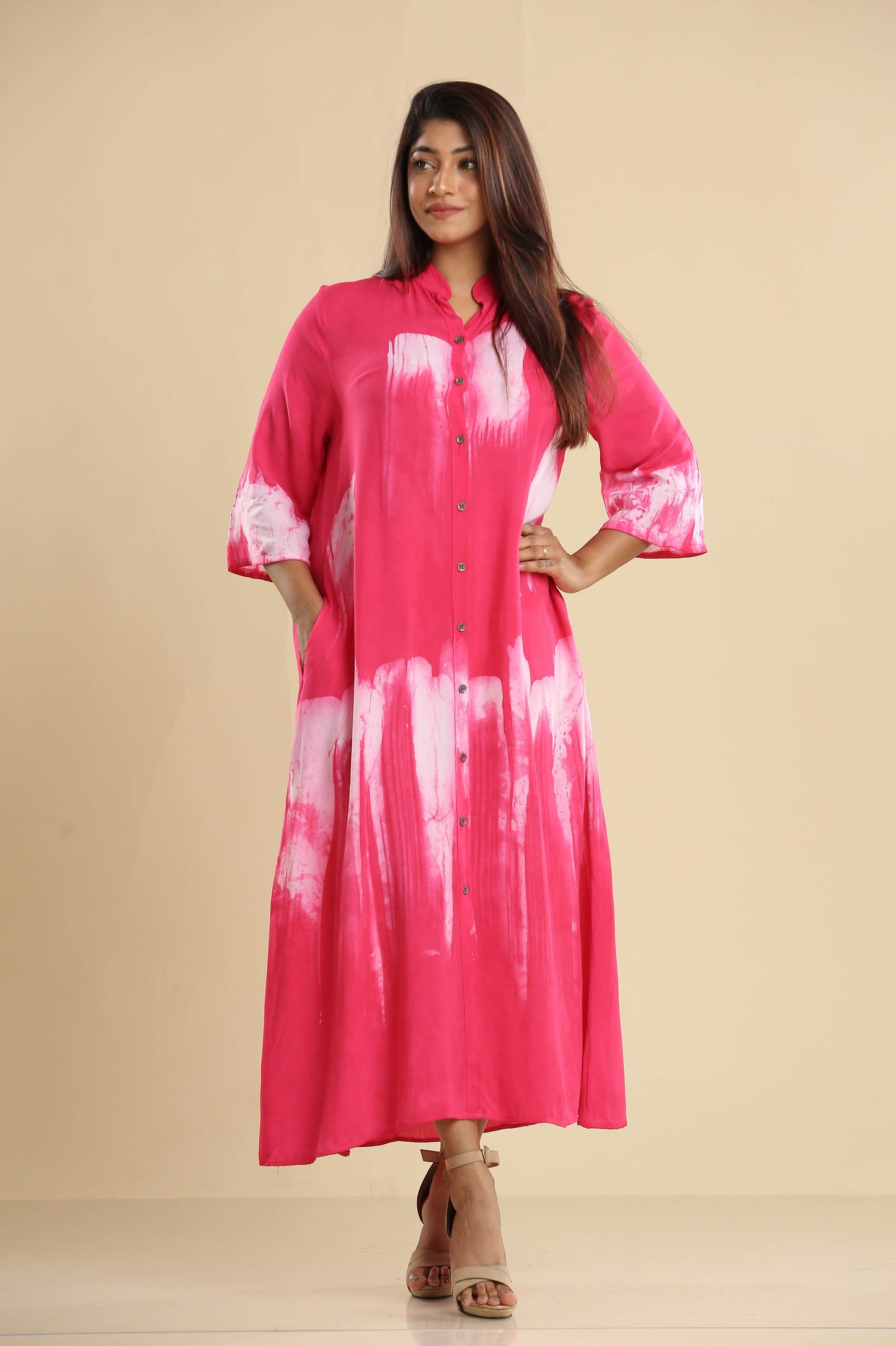 Radiant Pink Brushstroke Elegance – Flowing Batik Shirt Dress - Trend Republic
