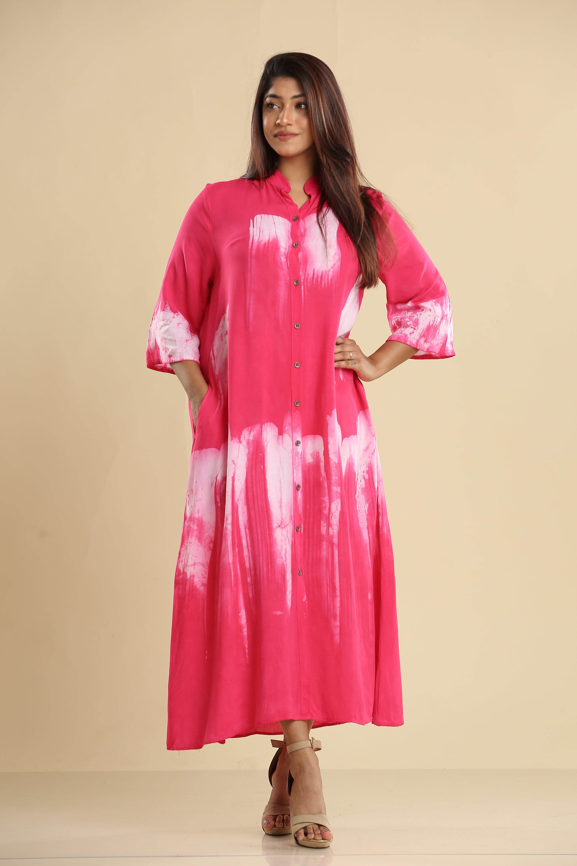 Radiant Pink Brushstroke Elegance – Flowing Batik Shirt Dress - Trend Republic
