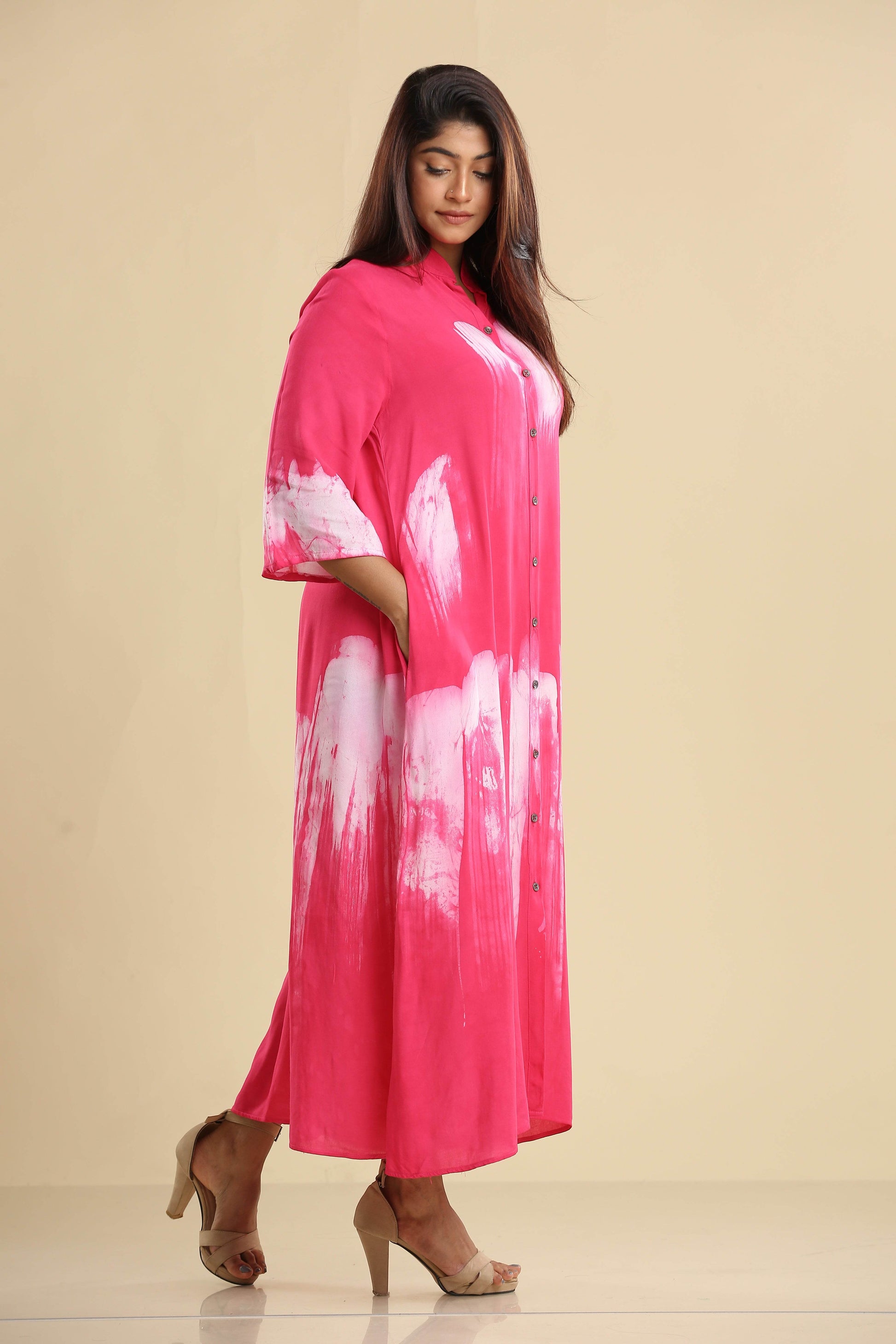 Radiant Pink Brushstroke Elegance – Flowing Batik Shirt Dress - Trend Republic