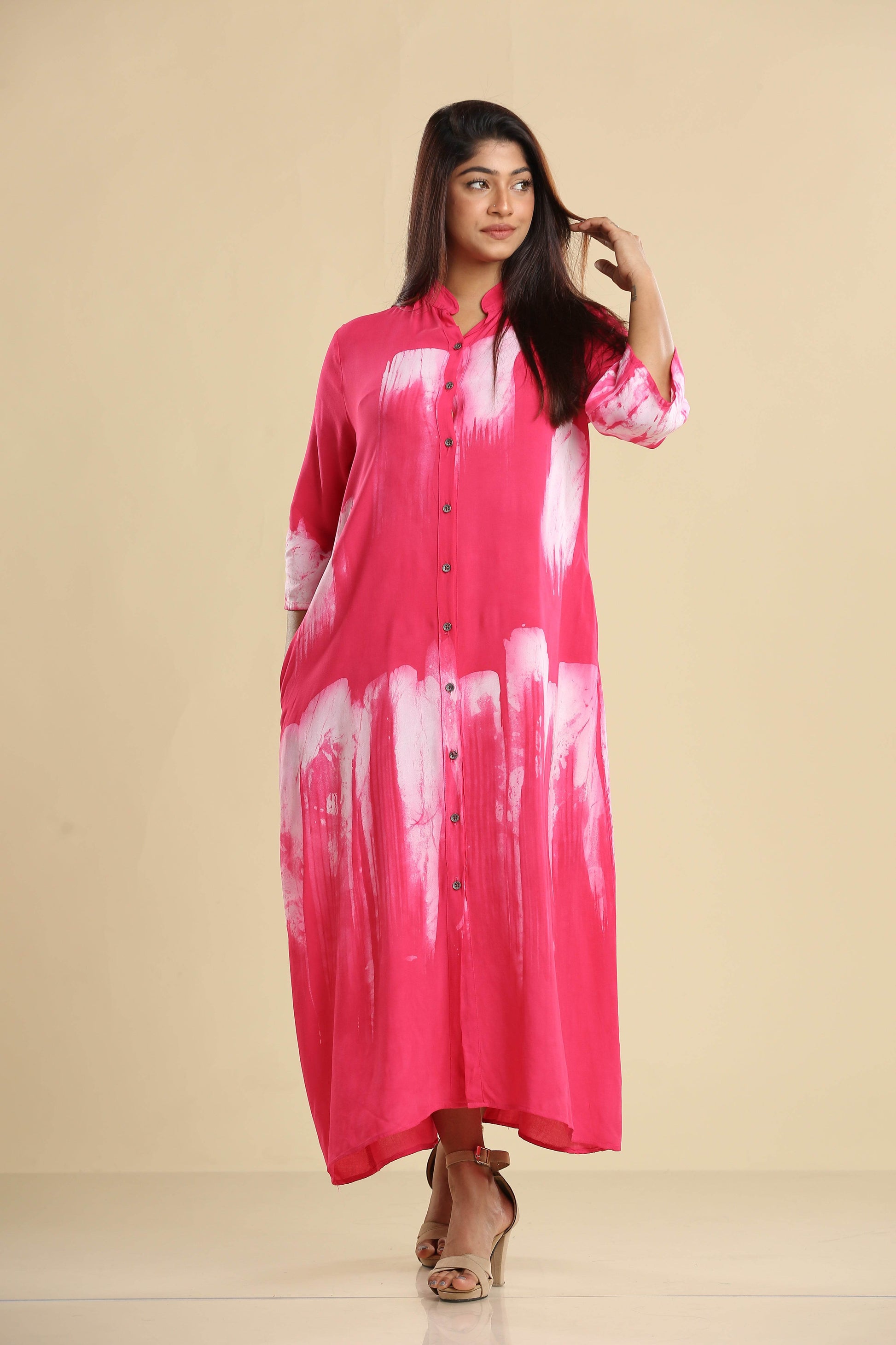 Radiant Pink Brushstroke Elegance – Flowing Batik Shirt Dress - Trend Republic