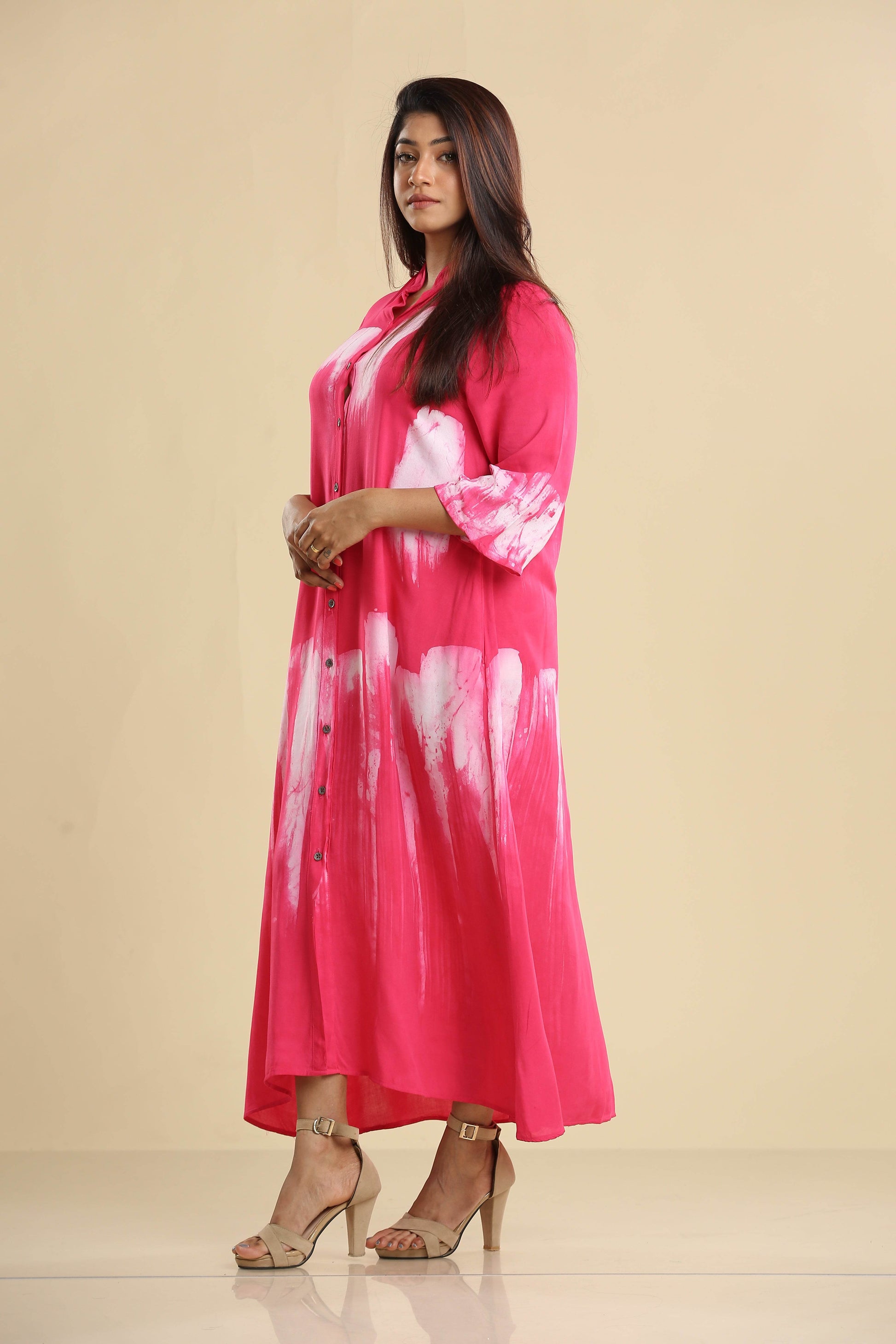 Radiant Pink Brushstroke Elegance – Flowing Batik Shirt Dress - Trend Republic