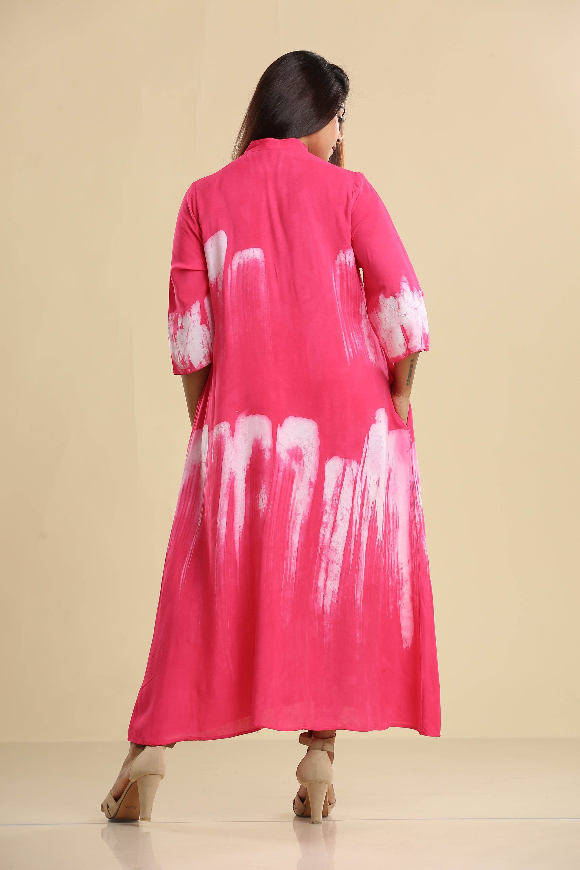 Radiant Pink Brushstroke Elegance – Flowing Batik Shirt Dress - Trend Republic