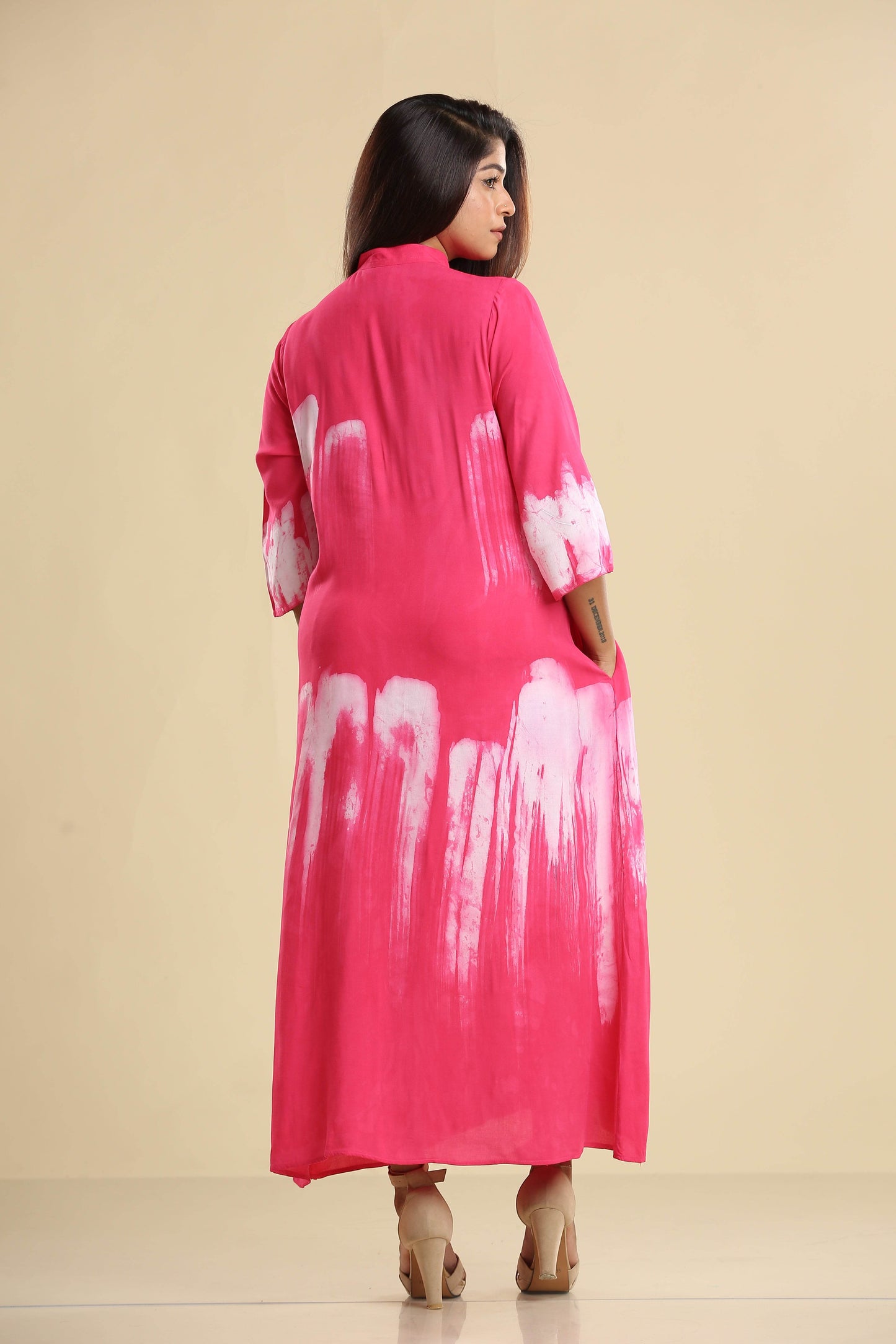 Radiant Pink Brushstroke Elegance – Flowing Batik Shirt Dress - Trend Republic