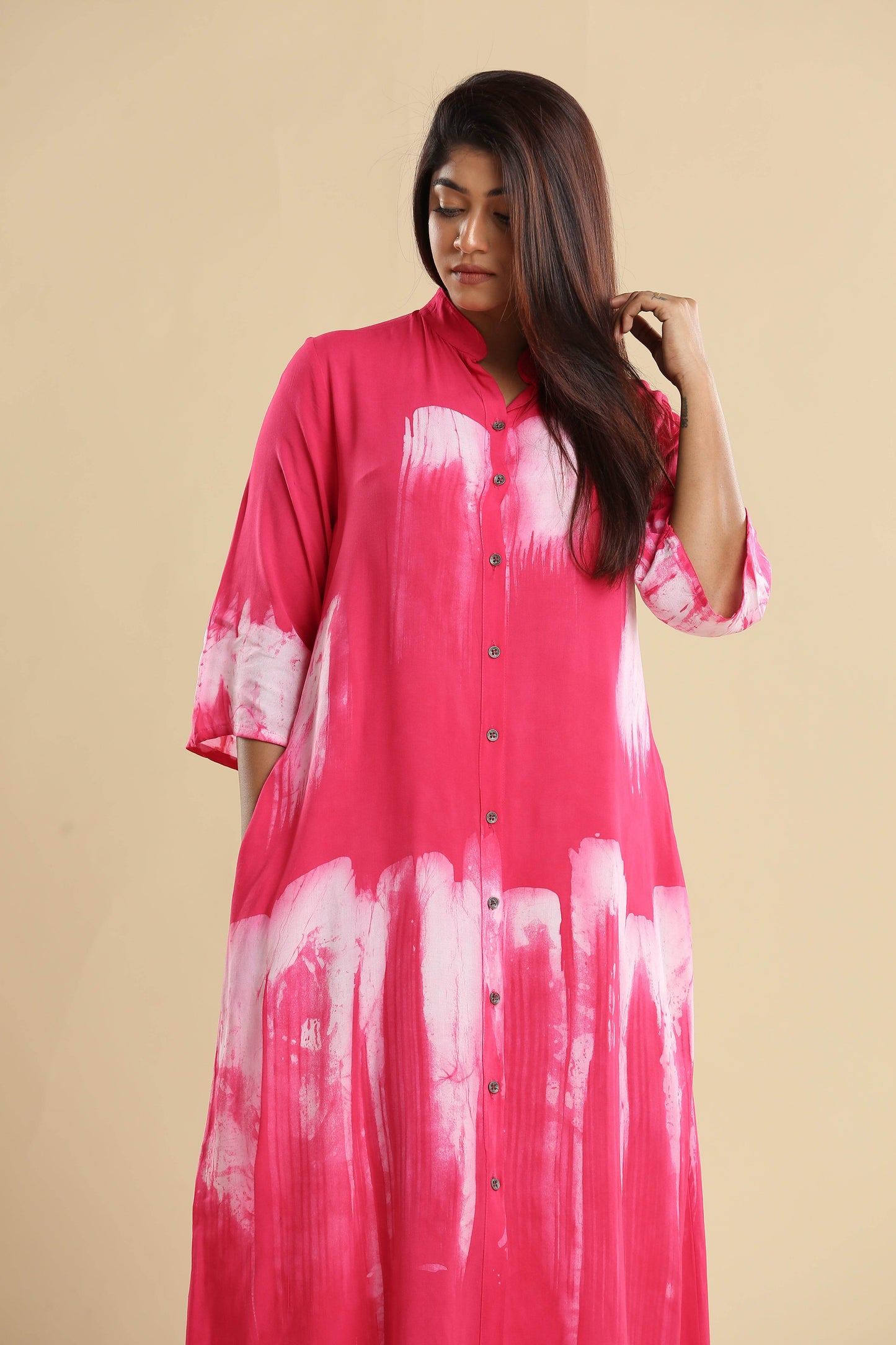 Radiant Pink Brushstroke Elegance – Flowing Batik Shirt Dress - Trend Republic