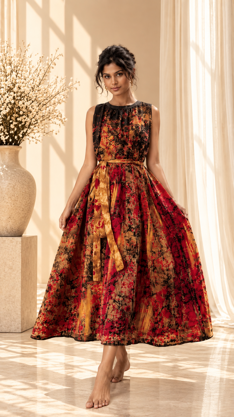 Autumn Mosaic Batik Midi Dress