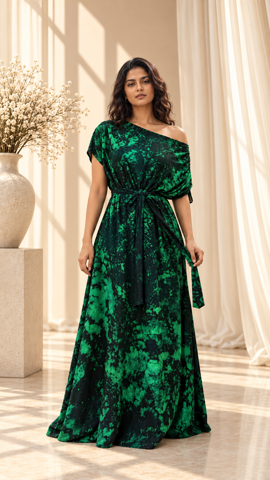 Forest Drift One-Shoulder Batik Dress